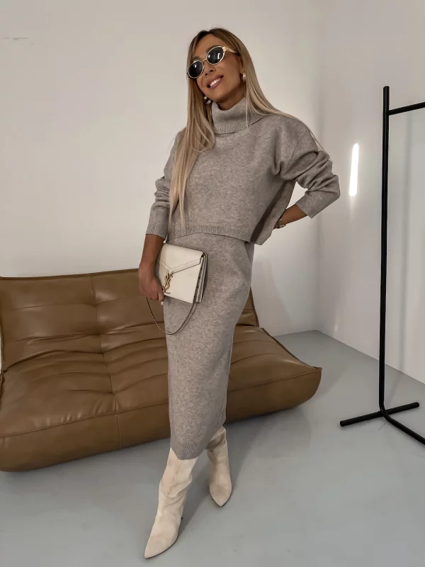 Erin knit midi dress and roll neck jumper set in Taupe, view 7