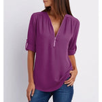 Gwen chic zip V-neck blouse in Purple, view 5