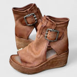 Jess Orthopaedic Buckle Wedge Sandals in Brown, front view