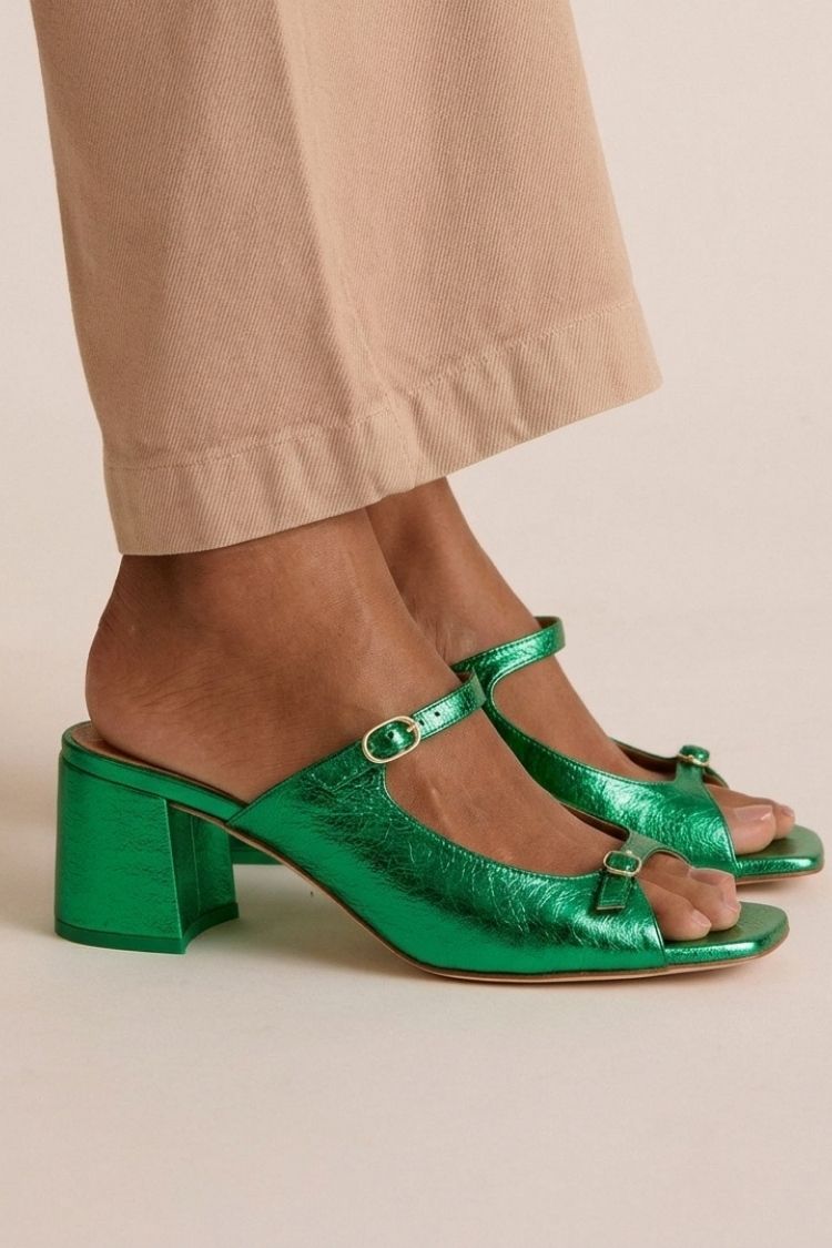 Marguerite golden mule heel sandal in Green, view 8