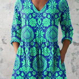 Ines turquoise print blouse in Teal, front view