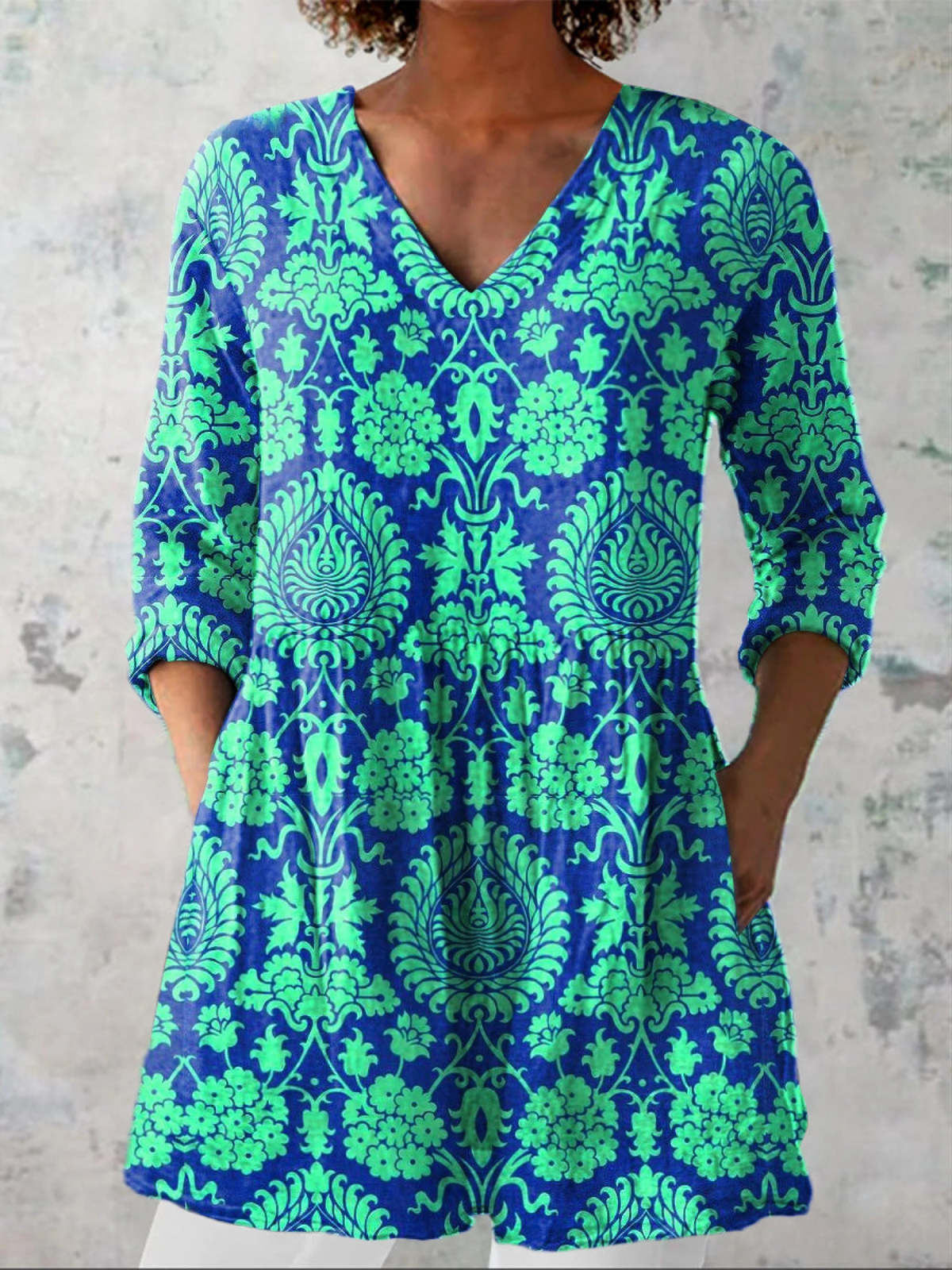 Ines turquoise print blouse in Teal, front view