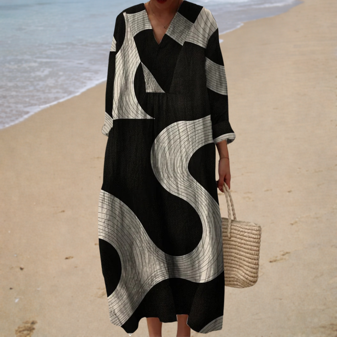 Black abstract print summer dress, front view