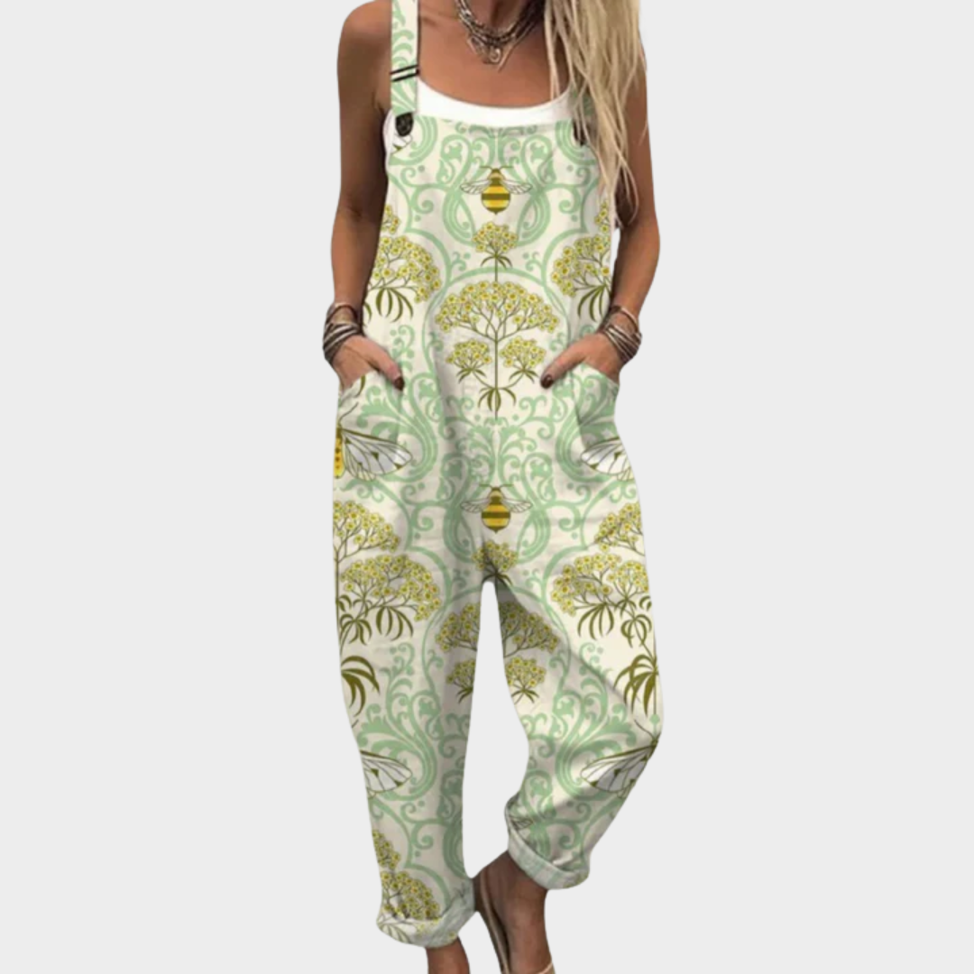 Bee botanical print dungarees, front view