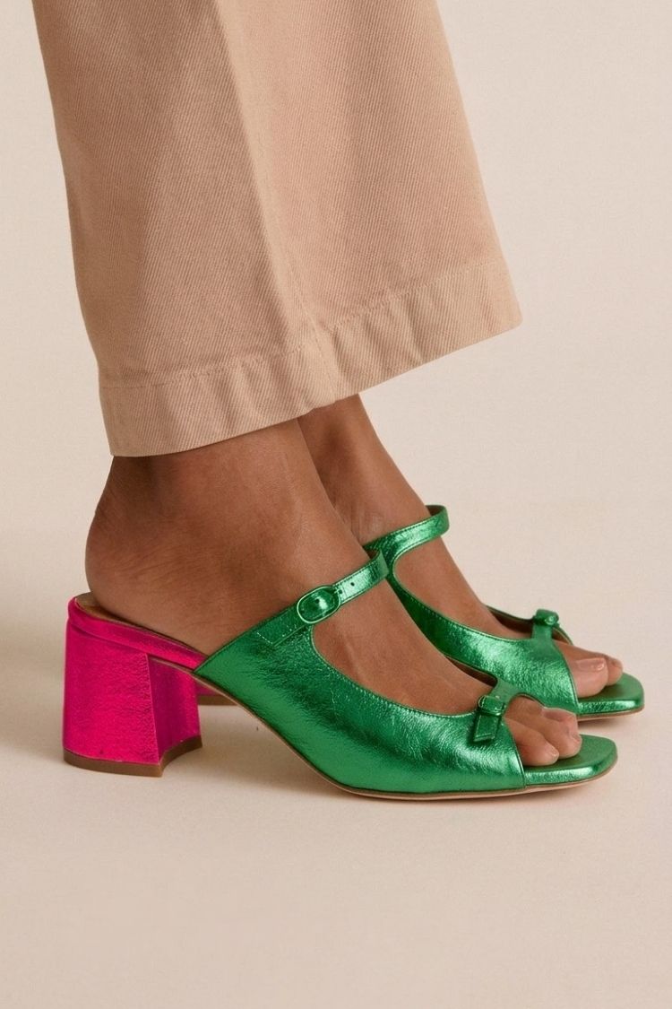 Marguerite golden mule heel sandal in Light Green, view 9