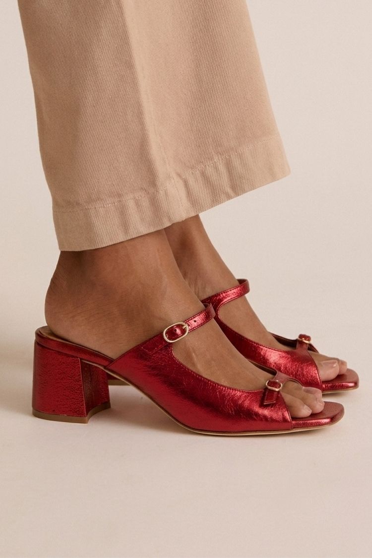 Marguerite golden mule heel sandal in Dark Red, view 4