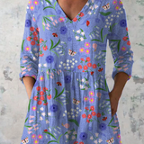 Aline soft blue floral V-neck blouse in Purple, front view