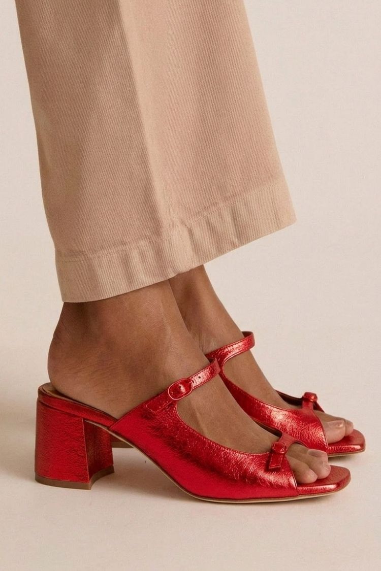 Marguerite golden mule heel sandal in Bright Red, view 3