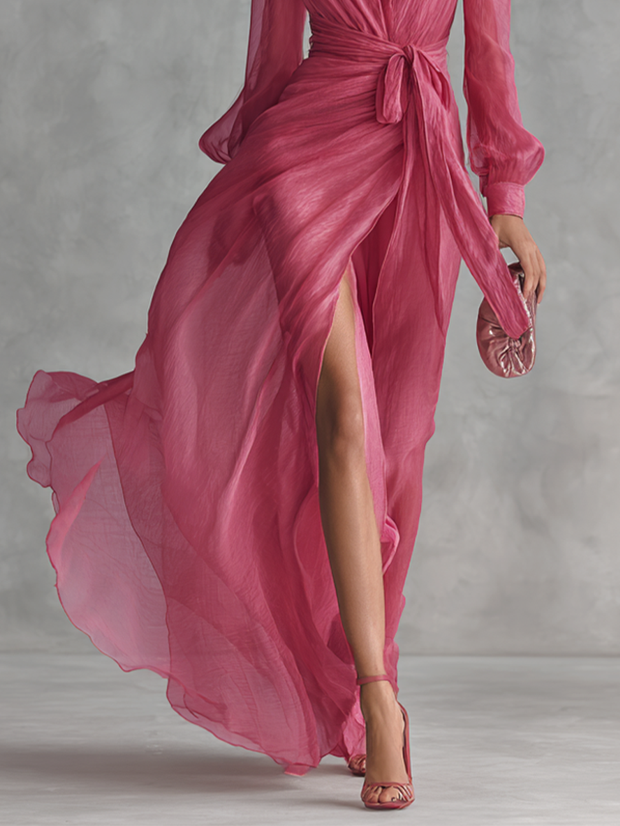 Pink chiffon V neck maxi dress, view 4