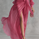 Pink chiffon V neck maxi dress, view 4