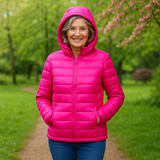 Metta hot pink hooded puffer jacket, front view