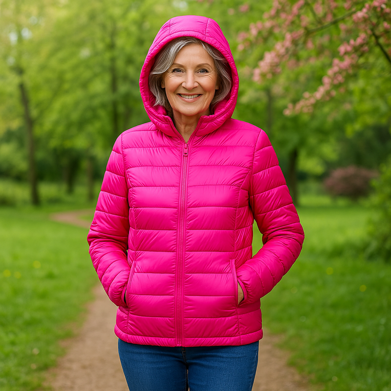 Metta hot pink hooded puffer jacket, front view