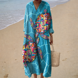 Turquoise turtle print V-neck summer dress, front view