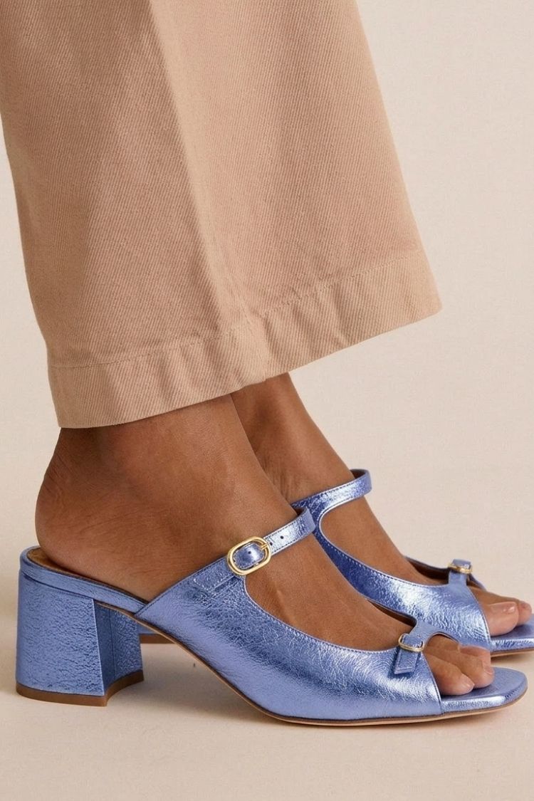 Marguerite golden mule heel sandal in Light Blue, view 11