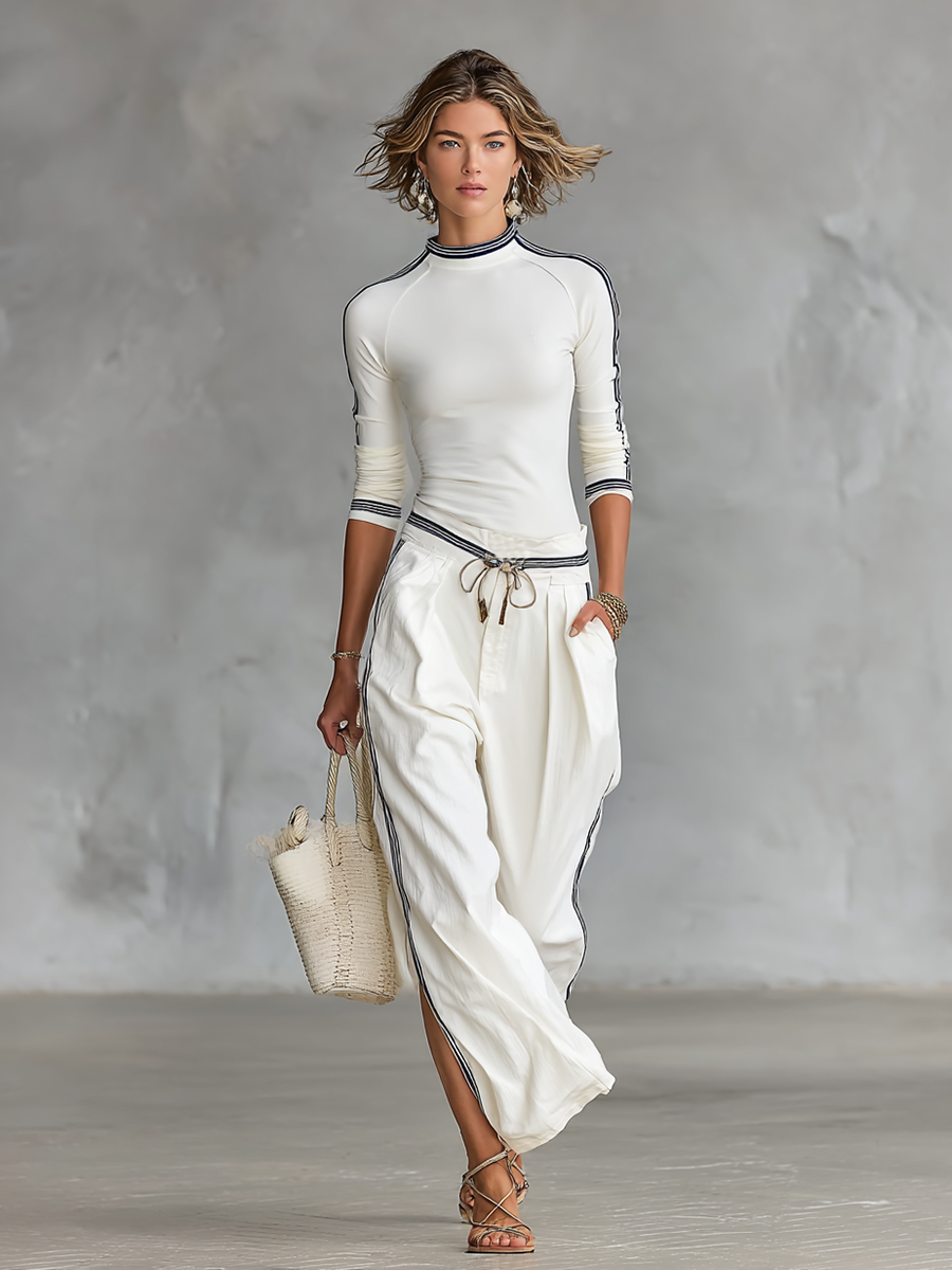Sports set with stand-up collar top and loose drawstring trousers, view 3
