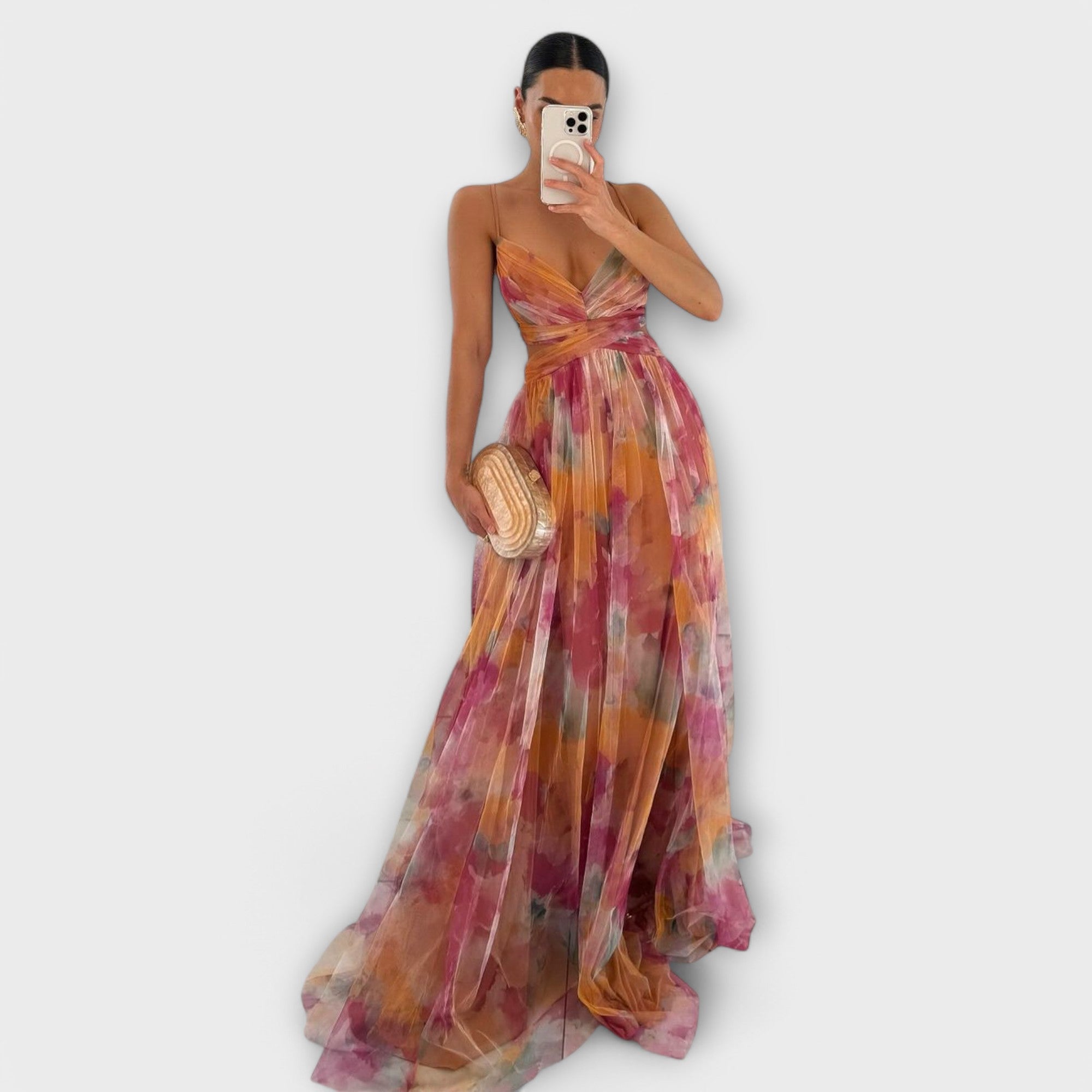 Annai floral mesh maxi dress in Orange, front view