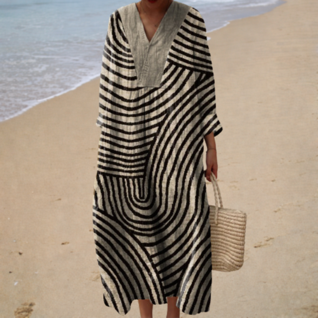 Black swirl print V-neck summer dress, front view