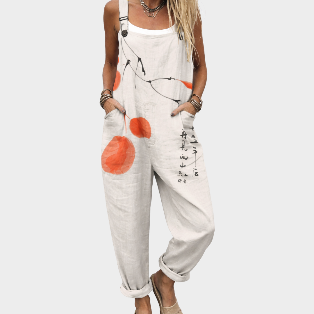 Blossom branch print dungarees in Grey, front view