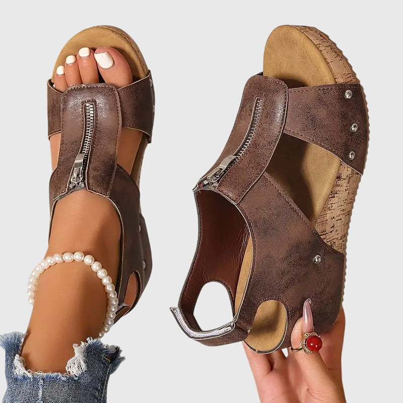 Styla orthopaedic zip sandals in Brown, view 3