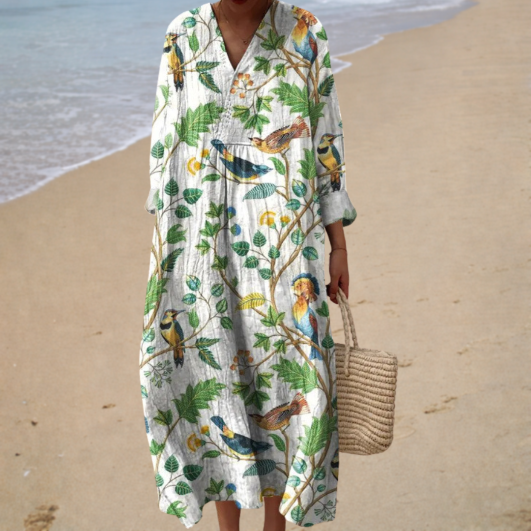 Bird and leaf print V-neck summer dress, front view