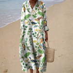Bird and leaf print V-neck summer dress, front view