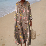 Taupe blossom print V-neck summer dress, front view