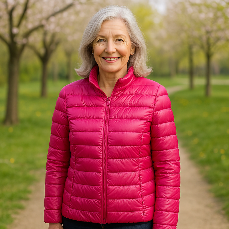 Ulla pink puffer jacket, front view