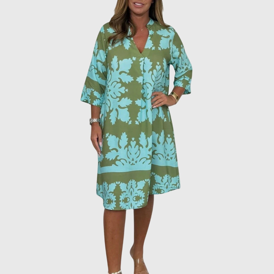 Daisy Elegant Spring Dress in Blue/Green, front view