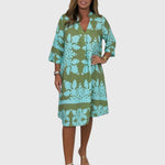 Daisy Elegant Spring Dress in Blue/Green, front view
