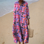 Pink botanical print V-neck summer dress, front view