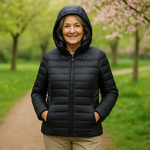Metta black hooded puffer jacket, front view