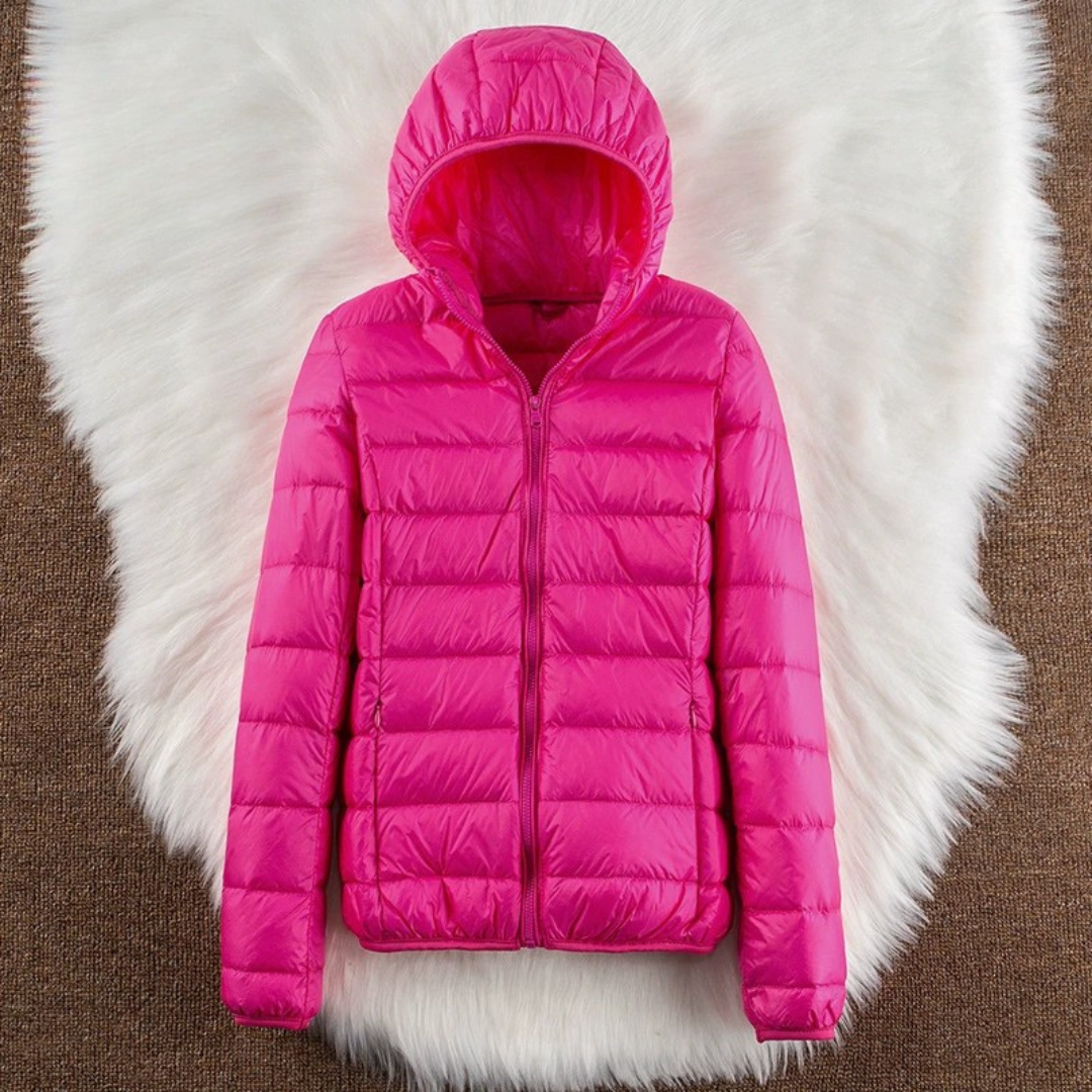 Metta hot pink hooded puffer jacket, view 2