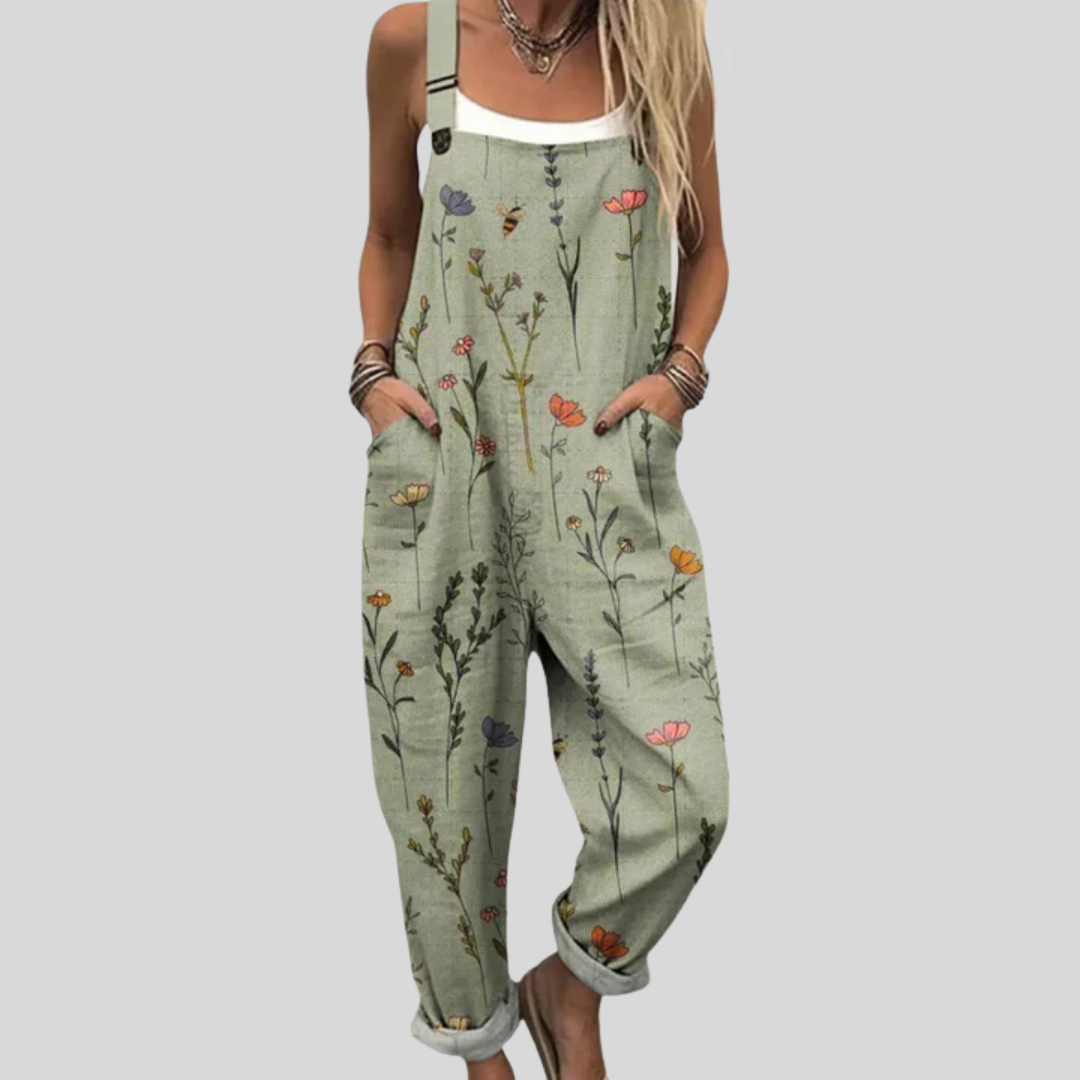 Sage Green Wildflower Dungarees, front view