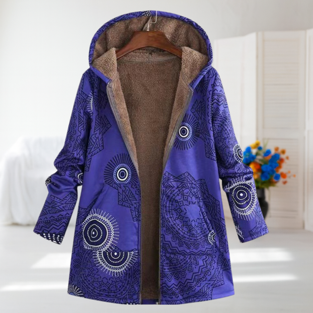 Vittoria purple mandala fleece-lined hooded coat, front view