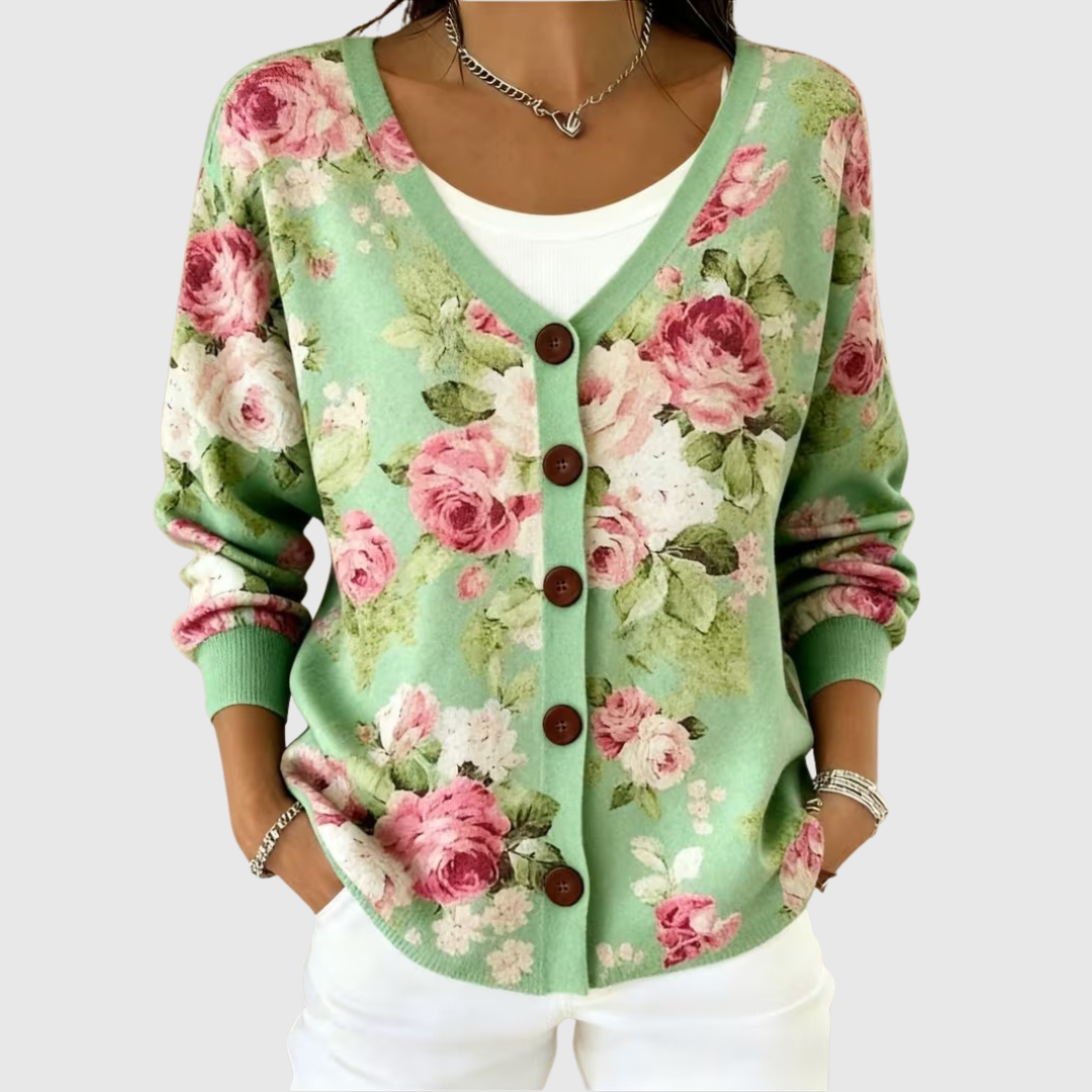 Rose green rose print cardigan with buttons, front view