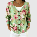 Rose green rose print cardigan with buttons, front view