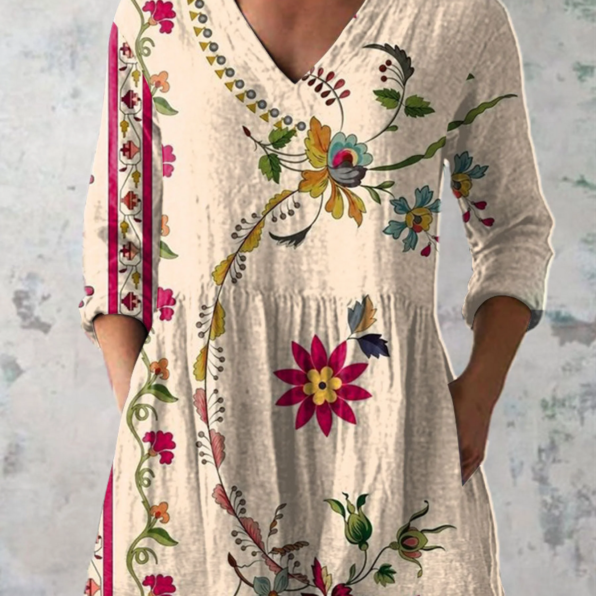 Clara earthy floral V-neck blouse in Beige, front view