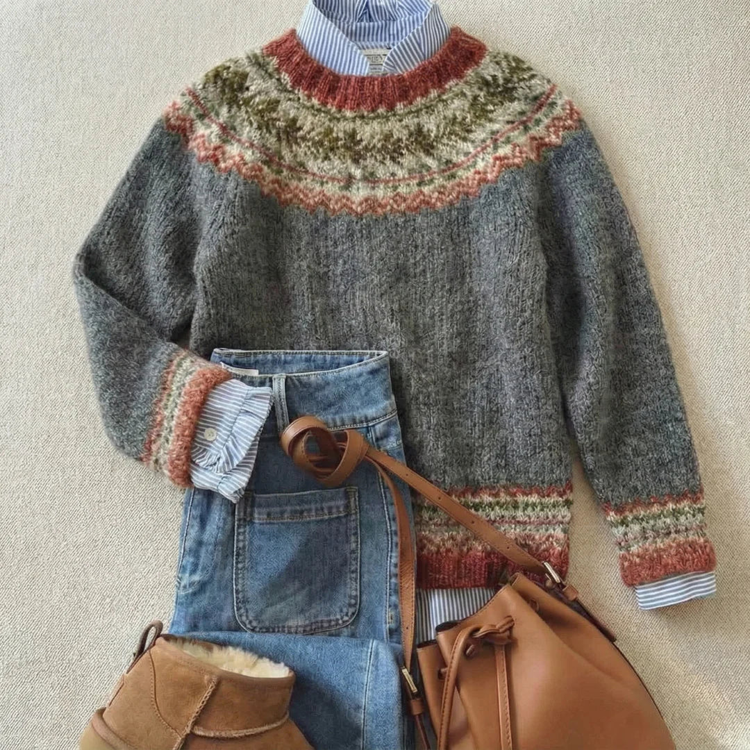 Marta stone grey Nordic knit jumper, front view