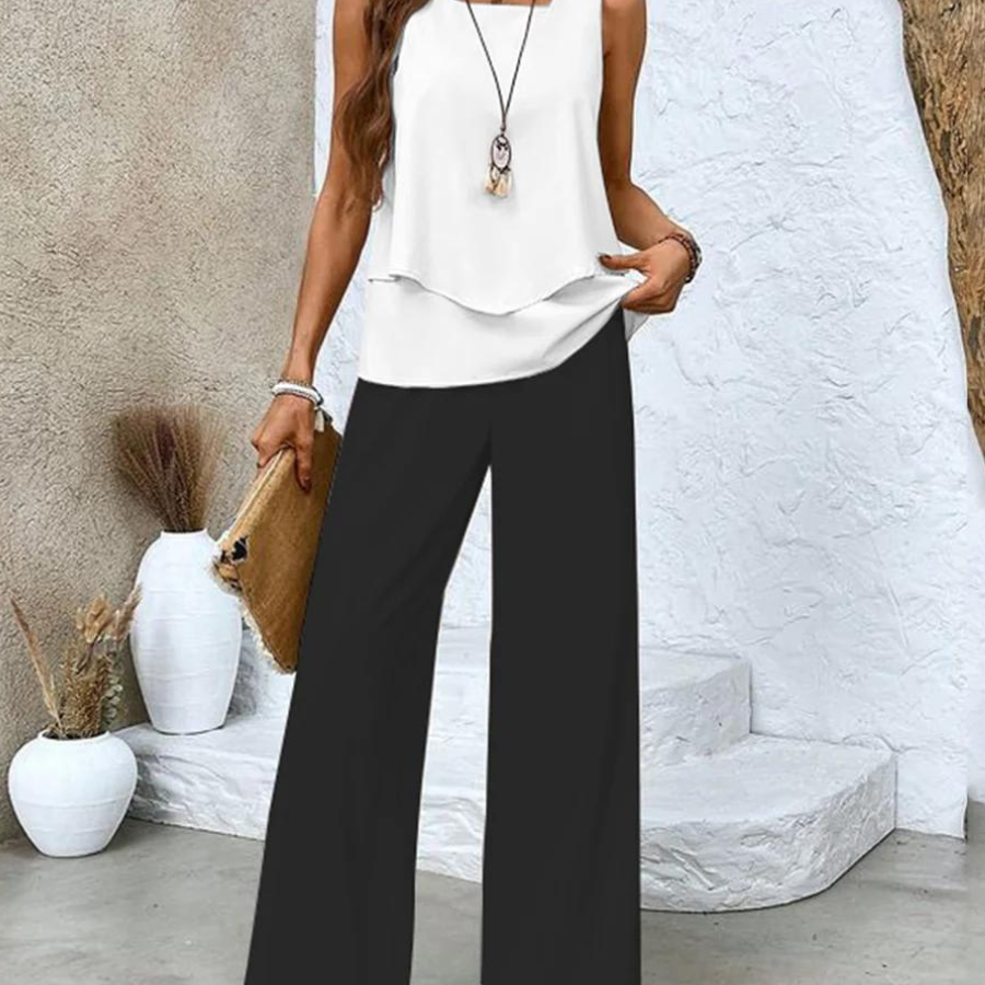 Sofia layered top and wide trousers set in Black, view 2