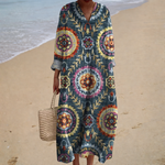 Blue mandala print V-neck summer dress, front view