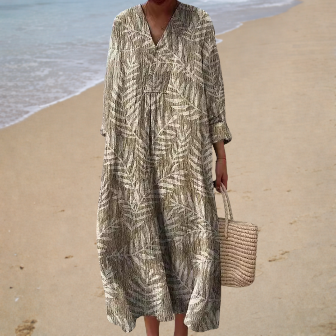 Taupe leaf print V-neck summer dress, front view