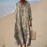 Taupe leaf print V-neck summer dress, front view