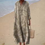 Taupe leaf print V-neck summer dress, front view