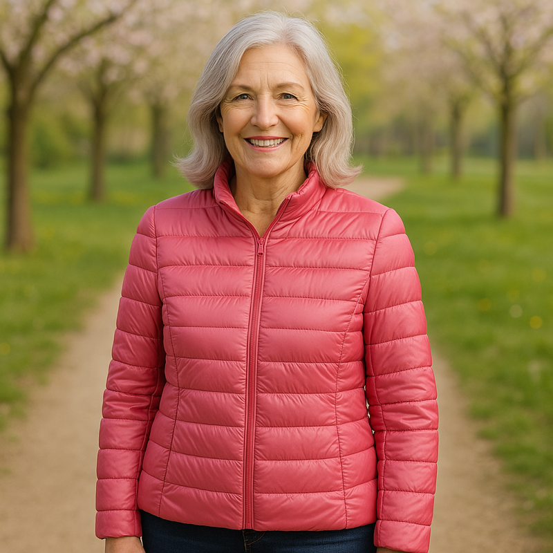 Ulla salmon puffer jacket, front view