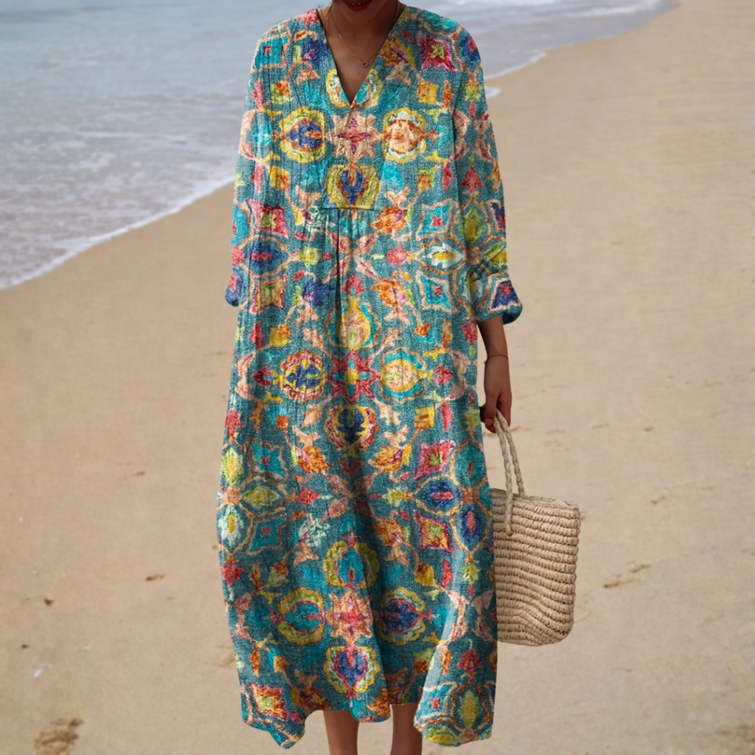 Teal paisley print V-neck summer dress, front view