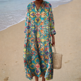 Teal paisley print V-neck summer dress, front view