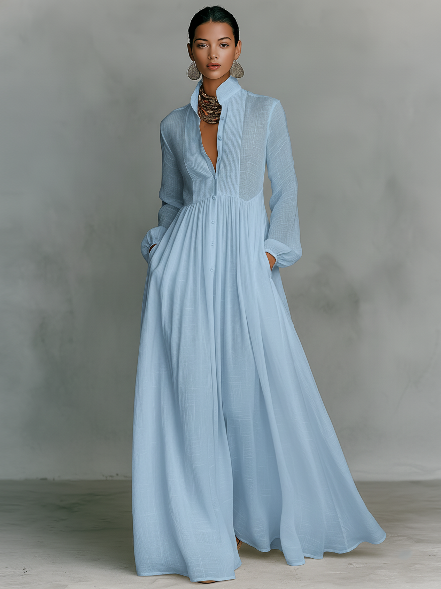 Patchwork linen maxi dress with stand collar in Blue, view 5