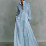 Patchwork linen maxi dress with stand collar in Blue, view 5