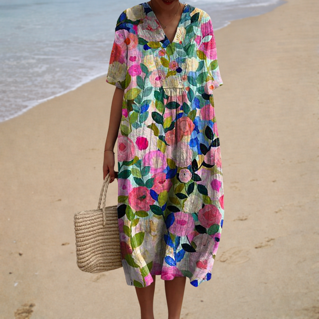Comfortable Summer Dress, painted floral, front view