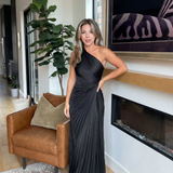 Aurelia one shoulder pleated maxi dress in Black, view 4